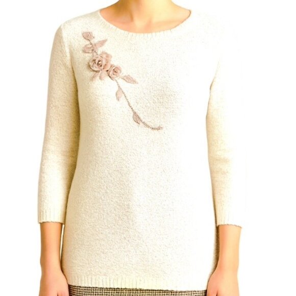 BM Collection Emboidered Floral White Pearl Knit Sweater 3/4 Sleeves Small - Picture 1 of 9